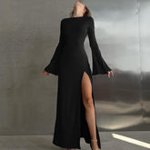 Elegant Red Long Sleeve Slit Maxi Dress Black