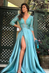 Elegant Sequin Maxi Dress with Flowing Skirt and High Slit Lake Blue