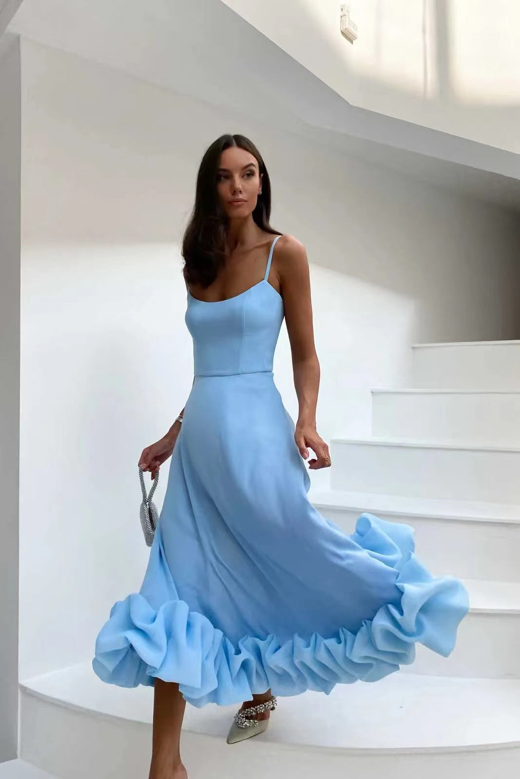 Flowy Ruffle-Hem Spaghetti Strap Midi Dress Lake Blue