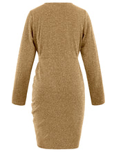 Gold Deep V Neck Ruched Long Sleeve Mini Dress