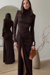 High-Neck Ruched Maxi Dress With High Slit Brown