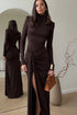 High-Neck Ruched Maxi Dress With High Slit Brown