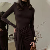 High-Neck Ruched Maxi Dress With High Slit Brown