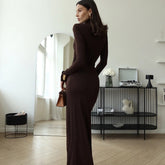 High-Neck Ruched Maxi Dress With High Slit Brown