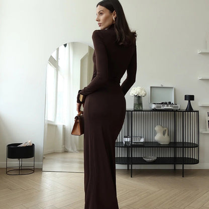 High-Neck Ruched Maxi Dress With High Slit Brown