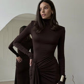 High-Neck Ruched Maxi Dress With High Slit Brown