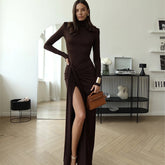 High-Neck Ruched Maxi Dress With High Slit Brown