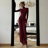 High-Neck Ruched Maxi Dress With High Slit Wine Red