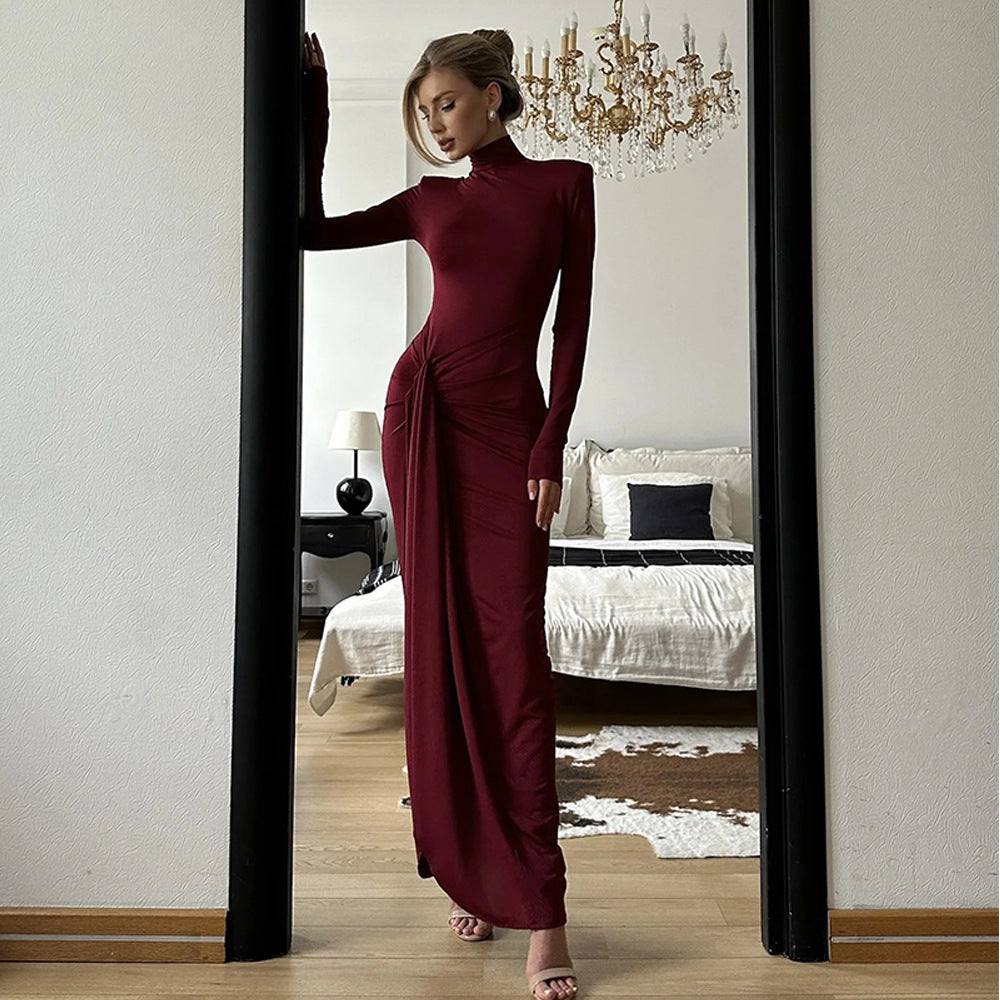 High-Neck Ruched Maxi Dress With High Slit Wine Red