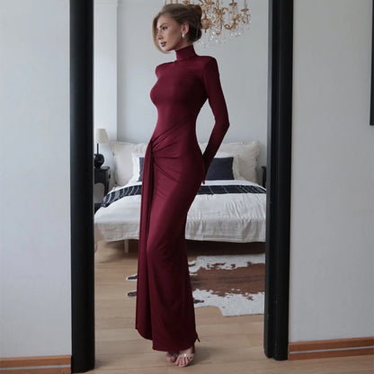 High-Neck Ruched Maxi Dress With High Slit Wine Red