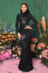 High-Neck Sequin Gown with Long Sleeves Black