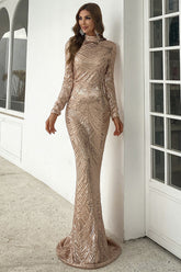 High-Neck Sequin Gown with Long Sleeves Champagne