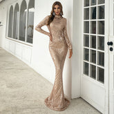 High-Neck Sequin Gown with Long Sleeves Champagne