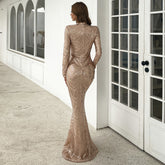 High-Neck Sequin Gown with Long Sleeves Champagne