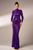 High-Neck Sequin Gown with Long Sleeves Dark Purple