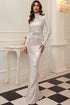High-Neck Sequin Gown with Long Sleeves White