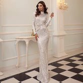 High-Neck Sequin Gown with Long Sleeves White