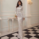 High-Neck Sequin Gown with Long Sleeves White