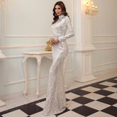 High-Neck Sequin Gown with Long Sleeves White