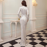 High-Neck Sequin Gown with Long Sleeves White