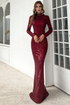 High-Neck Sequin Gown with Long Sleeves Wine Red