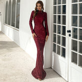 High-Neck Sequin Gown with Long Sleeves Wine Red