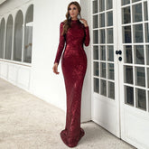 High-Neck Sequin Gown with Long Sleeves Wine Red