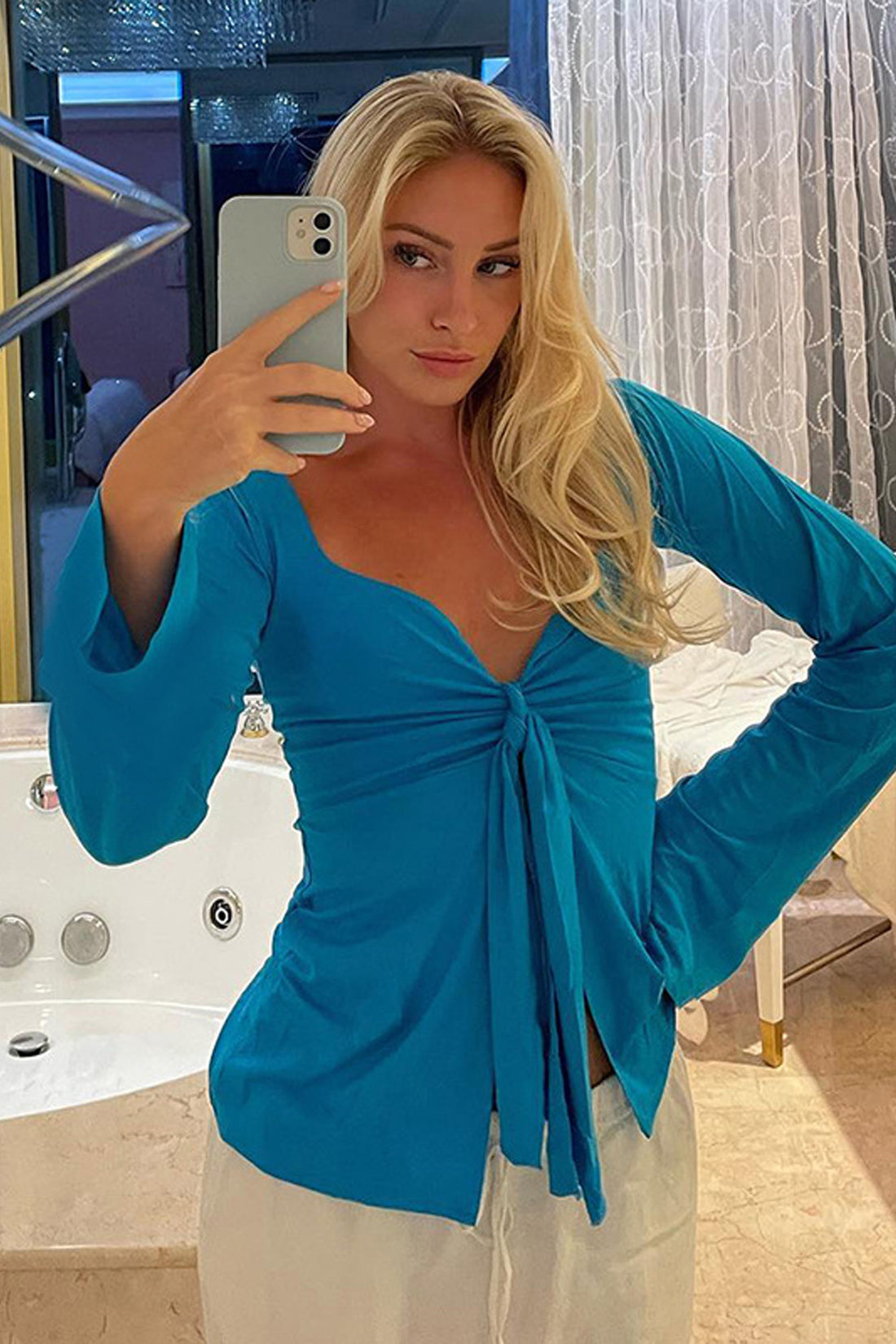 Knotted Front Long Sleeve Top Lake Blue