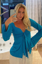 Knotted Front Long Sleeve Top Lake Blue