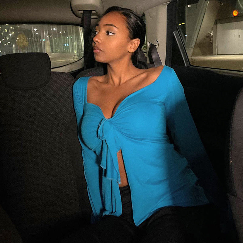Knotted Front Long Sleeve Top Lake Blue