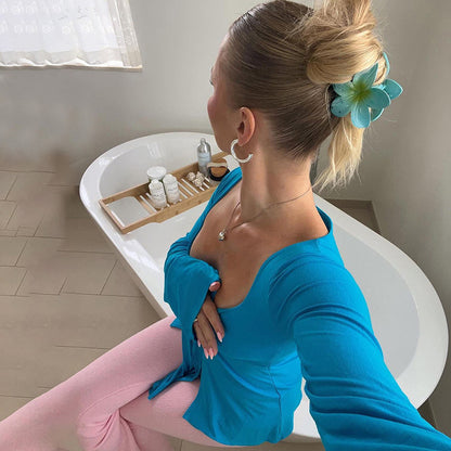 Knotted Front Long Sleeve Top Lake Blue