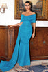 Off-Shoulder Draped Gown with Floor-Length Train Blue