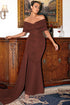 Off-Shoulder Draped Gown with Floor-Length Train Brown