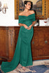 Off-Shoulder Draped Gown with Floor-Length Train Dark Green