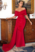 Off-Shoulder Draped Gown with Floor-Length Train Red