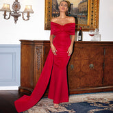 Off-Shoulder Draped Gown with Floor-Length Train Red