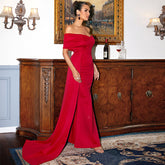 Off-Shoulder Draped Gown with Floor-Length Train Red