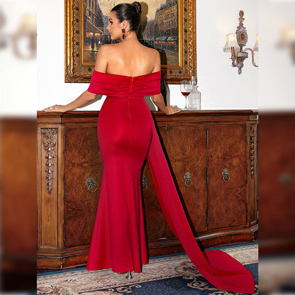 Off-Shoulder Draped Gown with Floor-Length Train Red