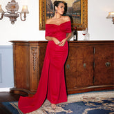Off-Shoulder Draped Gown with Floor-Length Train Red