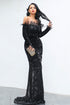 Off-Shoulder Feather Trim Sequin Gown Black