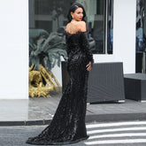 Off-Shoulder Feather Trim Sequin Gown Black