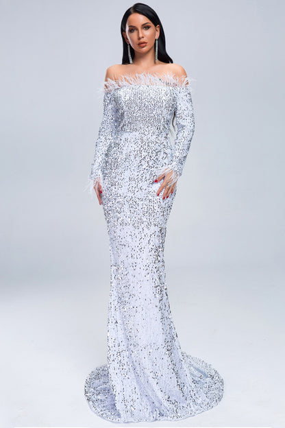 Off-Shoulder Feather Trim Sequin Gown White