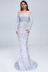 Off-Shoulder Feather Trim Sequin Gown White