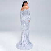 Off-Shoulder Feather Trim Sequin Gown White