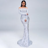 Off-Shoulder Feather Trim Sequin Gown White