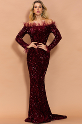 Off-Shoulder Feather Trim Sequin Gown Wine Red