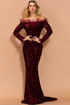 Off-Shoulder Feather Trim Sequin Gown Wine Red