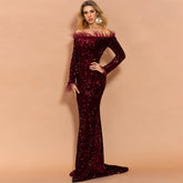 Off-Shoulder Feather Trim Sequin Gown Wine Red