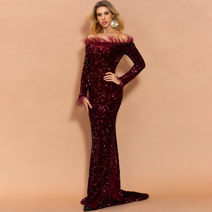 Off-Shoulder Feather Trim Sequin Gown Wine Red