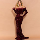 Off-Shoulder Feather Trim Sequin Gown Wine Red